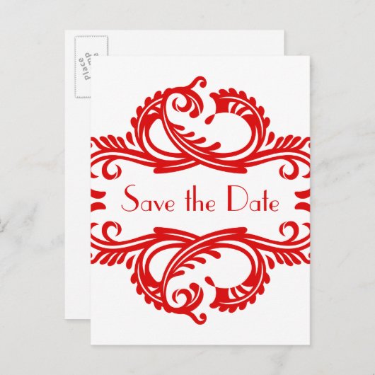 Chic Damask Save the Date Postcard, Rot Ankündigungspostkarte (Vorne/Hinten)