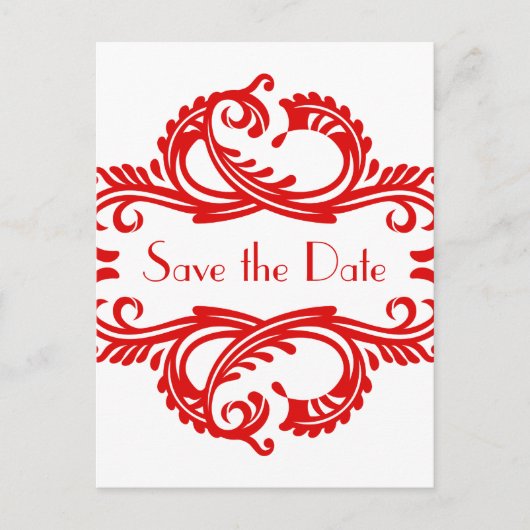 Chic Damask Save the Date Postcard, Rot Ankündigungspostkarte (Vorderseite)
