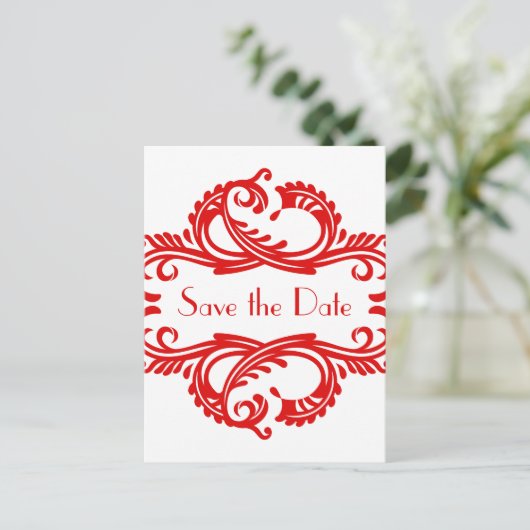Chic Damask Save the Date Postcard, Rot Ankündigungspostkarte (Stehend Vorderseite)