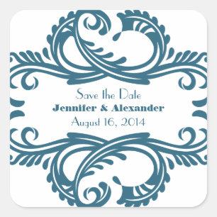 Chic Damask Save the Date Stickers, Blue Quadratischer Aufkleber