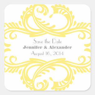 Chic Damask Save the Date Stickers, gelb Quadratischer Aufkleber