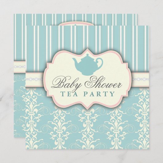 Chic Damask & Stripe Babydusche Einladung (Vorne/Hinten)