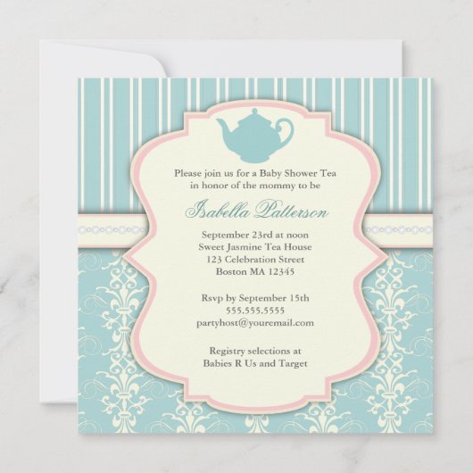 Chic Damask & Stripe Babydusche Einladung (Rückseite)