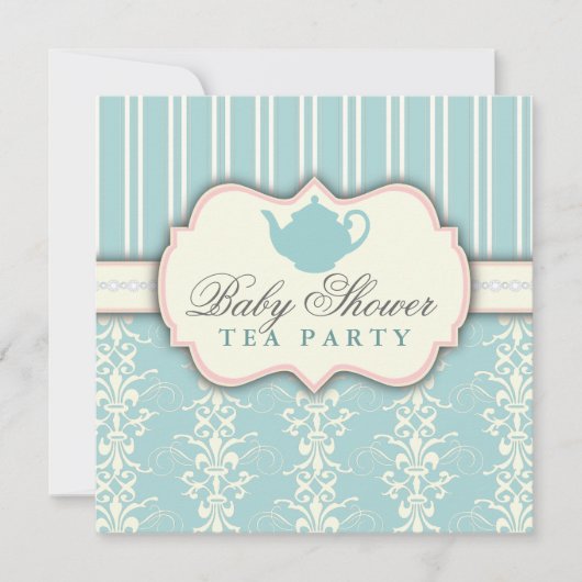 Chic Damask & Stripe Babydusche Einladung (Vorderseite)