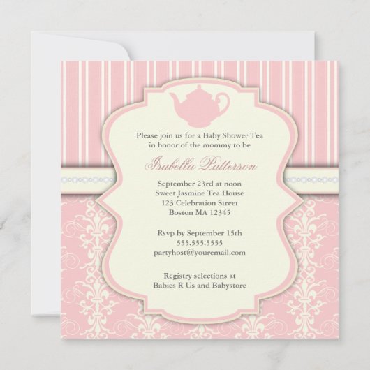 Chic Damask & Stripe Babydusche Einladung (Rückseite)