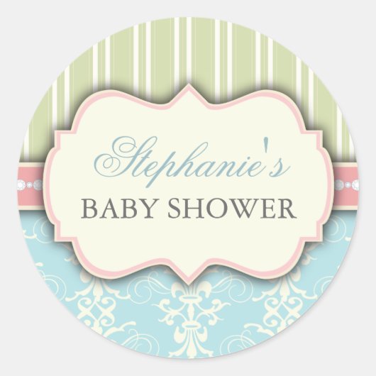Chic Damask & Stripe Babydusche Sticker (Vorderseite)