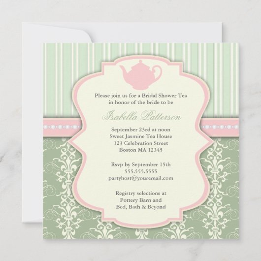 Chic Damask & Stripe Brautparty Einladung Tee (Rückseite)