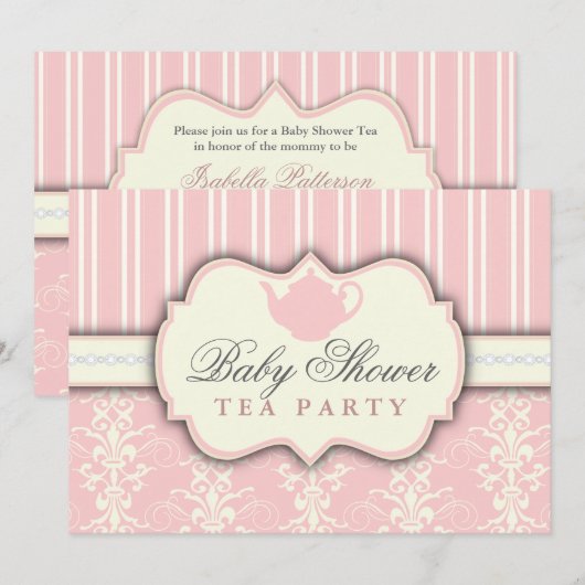 Chic Damask & Stripe Kinderdusche Tee Einladung (Vorne/Hinten)