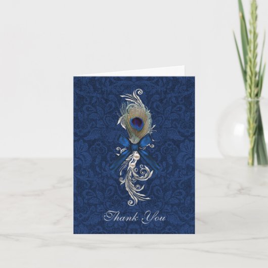 Chic Damask und Peacock Feather Wedding Vielen Dan Dankeskarte (Vorderseite)