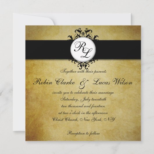 Chic Damask Vintag Monogram Wedding Einladung (Rückseite)