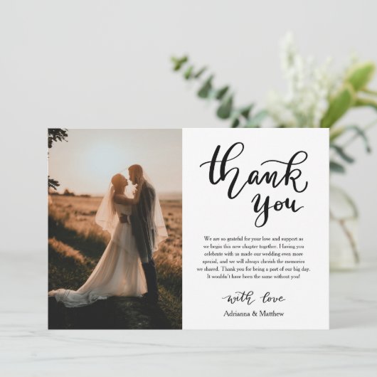 Chic Danke, Script Wedding Foto Dankeskarte (Stehend Vorderseite)