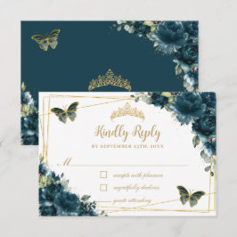Chic Dark Aquamarin Floral Gold Schmetterlinge Qui RSVP Karte