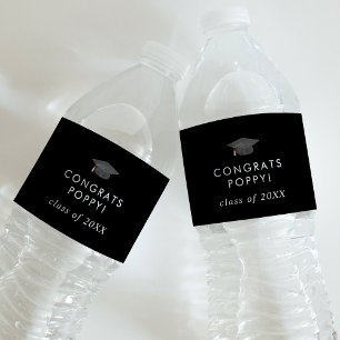 Chic Dark Black Glückwunschs Grad Cap Name Abschlu Wasserflaschenetikett