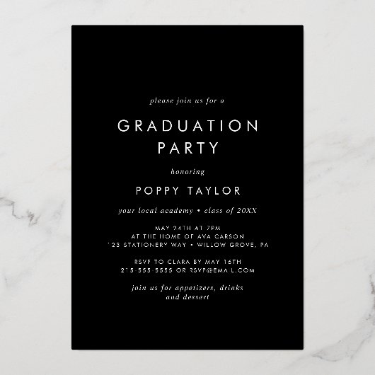 Chic Dark Black Gold Foil Foto Graduation Party Folieneinladung (Rückseite)