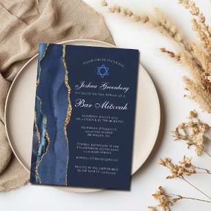 Chic Dark Blue Gold Agate Bar Mitzvah Party Einladung