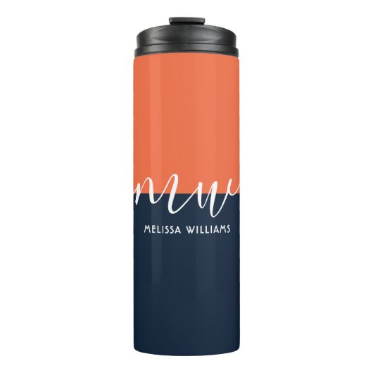 Chic Dark Blue & Orange Minimalistisch Script Mono Thermosbecher (Vorderseite)