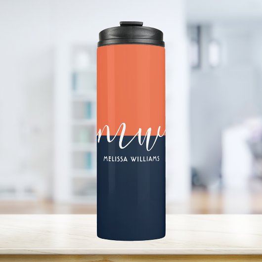 Chic Dark Blue & Orange Minimalistisch Script Mono Thermosbecher