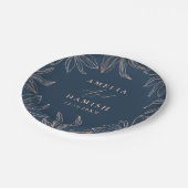Chic Dark Blue & Rose Gold Foliage Hochzeit Pappteller (Schrägansicht)