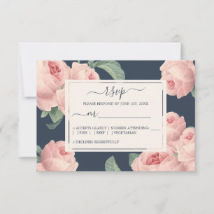 Chic Dark Blue Vintag Pink Rose Wedding RSVP Karte