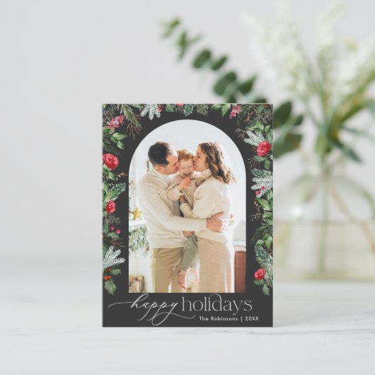 Chic Dark Gray Botanic Arch Moderner Foto Holiday Postkarte (Stehend Vorderseite)