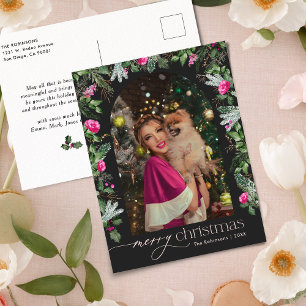 Chic Dark Gray Pink Greenery Arch Foto Weihnachten Postkarte
