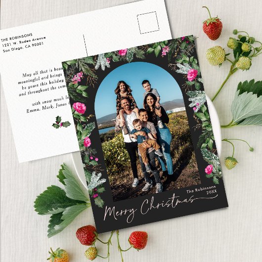 Chic Dark Gray Pink Greenery Arch Frohe Weihnachte Postkarte