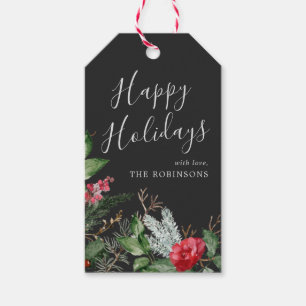 Chic Dark Gray Winter Botanical Happy Holiday Geschenkanhänger