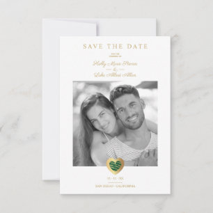 Chic Dark Green & Gold Heart Foto Couple Wedding Save The Date