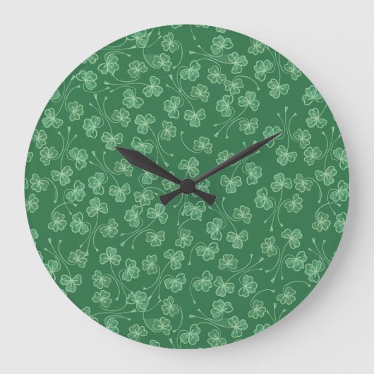 Chic Dark Green Kleeblatts Ditsy Pattern Wall Cloc Große Wanduhr (Vorderseite)