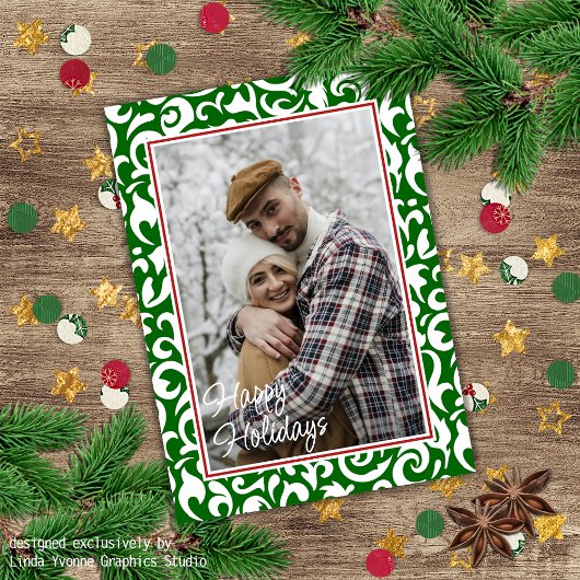 Chic Dark Green White Damask Blumenmuster Karte