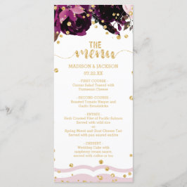 Chic Dark Lila Floral Gold Confetti Wedding Menü Menükarte