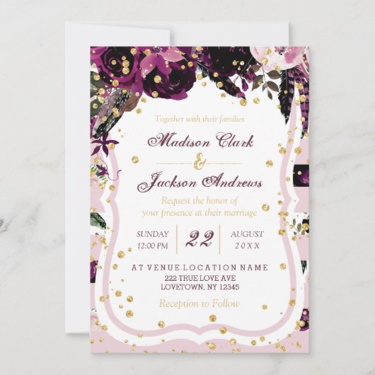 Chic Dark Lila Floral & Gold Hochzeiten Einladunge Einladung (Vorderseite)