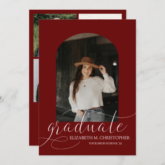 Chic Dark Red Arch 5 Foto Collage Abschluss Ankündigung (Vorne/Hinten)