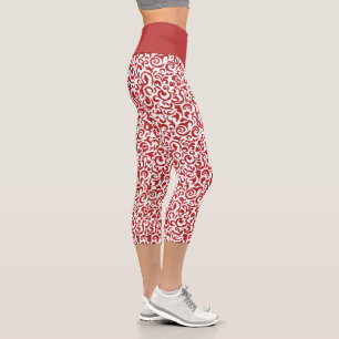 Chic Dark Red White Damask Blumenmuster Capri Leggings