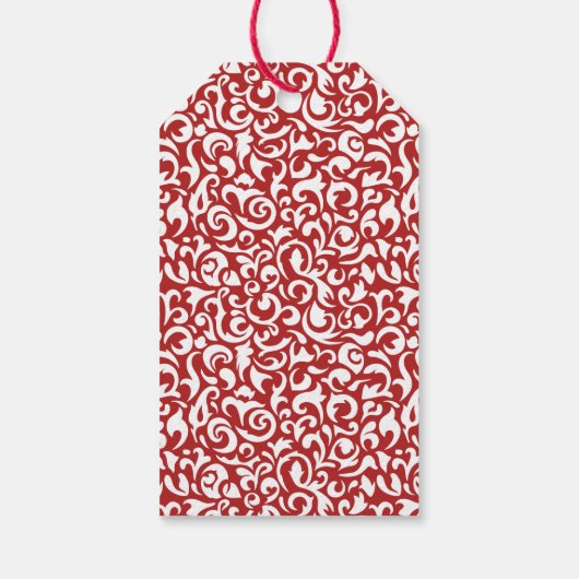 Chic Dark Red White Damask Blumenmuster Geschenkanhänger (Rückseite)