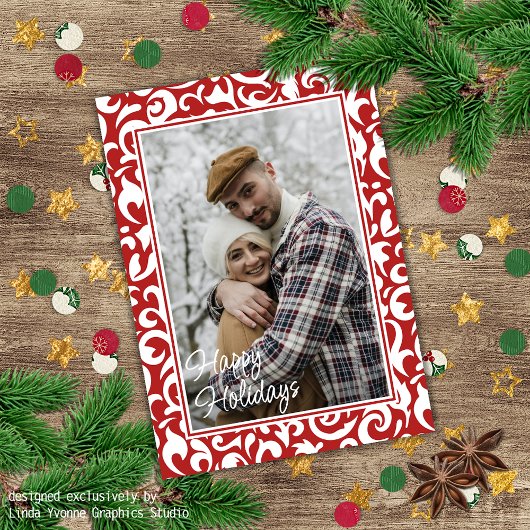 Chic Dark Red White Damask Blumenmuster Karte