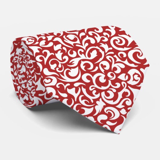 Chic Dark Red White Damask Blumenmuster Krawatte (Gerollt)