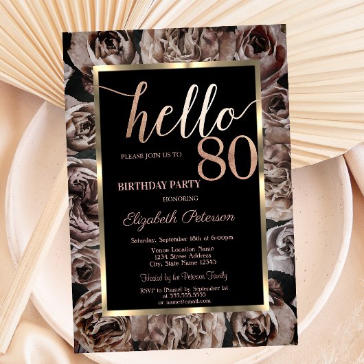 Chic Dark Rose Black 80. Geburtstag Einladung