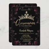 Chic Dark Rose Blätter Quinceañera Einladung (Vorne/Hinten)