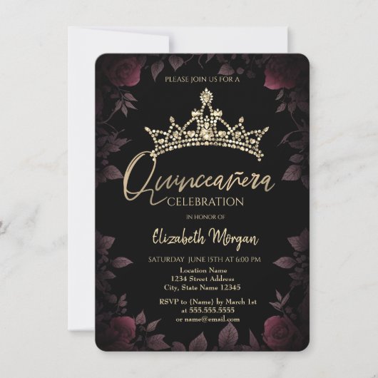 Chic Dark Rose Blätter Quinceañera Einladung (Vorderseite)