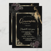 Chic Dark Rose Gold Rahmen Black Quinceñera Einladung (Vorne/Hinten)