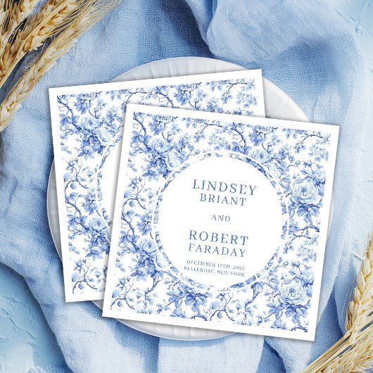 Chic Deep Blue Toile Roses Custom Wedding Napkins Serviette