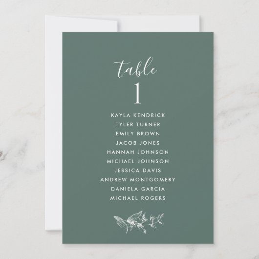 Chic Deep Green Seating Plan Cards mit Gast Names (Vorderseite)
