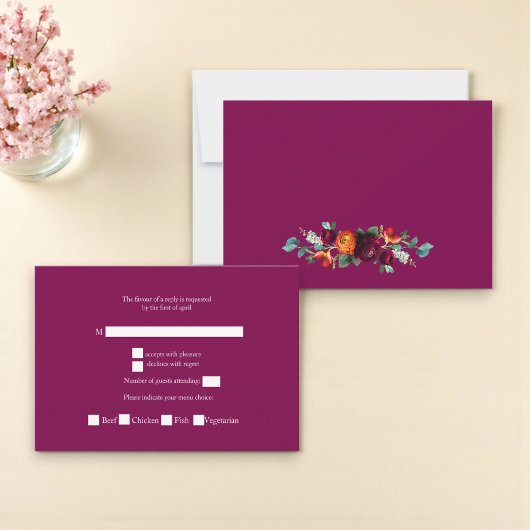 Chic deep pink Botanical Wedding Response Card RSVP Karte