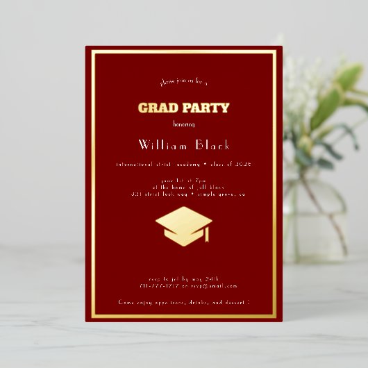 Chic Deep Red & Gold Party Folieneinladung (Stehend vorne)