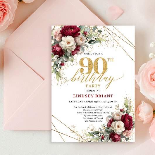 Chic Deep Red Gold Roses 90th Birthday Invitation  Einladung