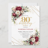 Chic Deep Red Gold Roses 90th Birthday Invitation  Einladung (Vorderseite)
