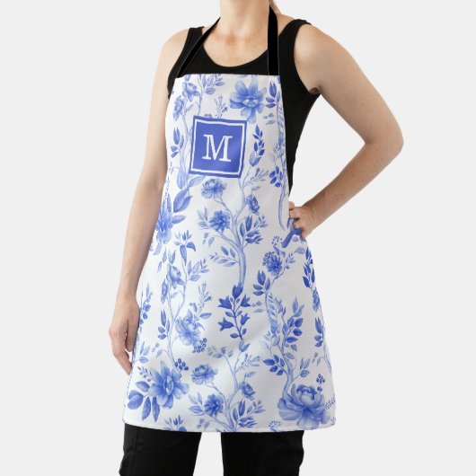Chic Delft Blue White Chinoiserie Blume Monogram Schürze (InSitu)