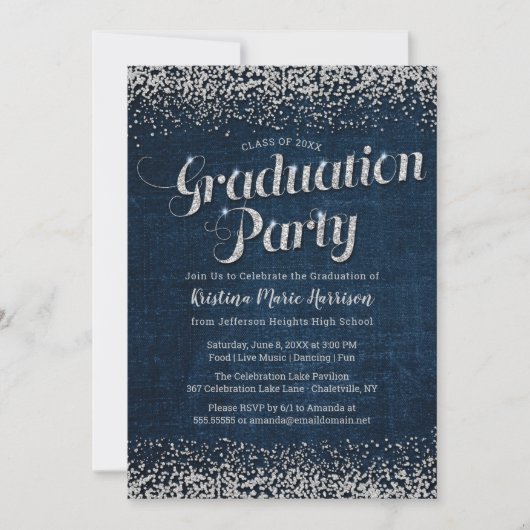 Chic Denim and Diamonds Graduation Party Einladung (Vorderseite)