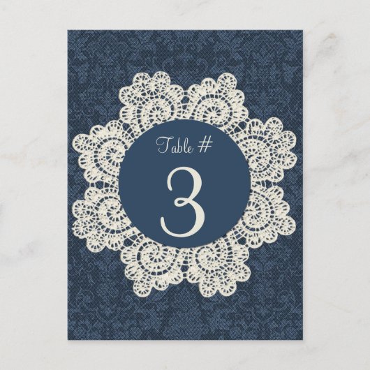 Chic Denim & Ivory Lace Wedding Tischnummer Cards (Vorderseite)